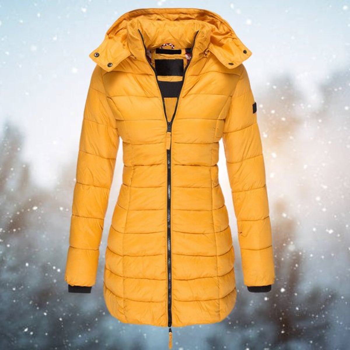 Women's long hooded puffer quilted jacket by Christine Brewer, featuring a zip-up winter coat with a padded, insulated design.