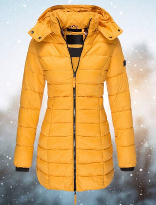 Emily women's long hooded quilted puffer coat by Christine Brewer, featuring a padded longline design and cozy hood.