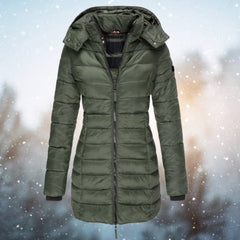 Emily women's long hooded quilted puffer coat with padded insulation and a stylish longline design, in a cozy winter jacket.