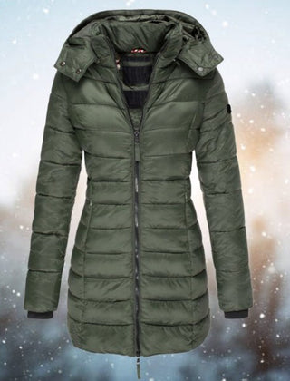Emily women's long hooded quilted puffer coat with padded insulation and a stylish longline design, in a cozy winter jacket.