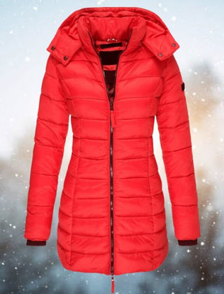 Emily women's long hooded quilted puffer coat by Christine Brewer, featuring a padded design and a cozy hood for winter warmth.