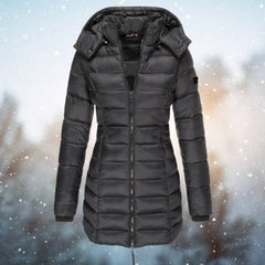 Emily women's long hooded quilted puffer coat featuring a padded design and longline fit, ideal for cold weather.