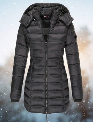 Emily women's long hooded quilted puffer coat featuring a padded design and longline fit, ideal for cold weather.