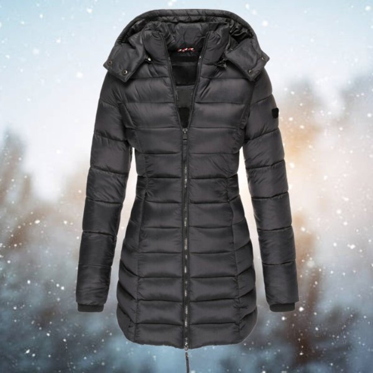 Emily women's long hooded quilted puffer coat featuring a padded design and longline fit, ideal for cold weather.