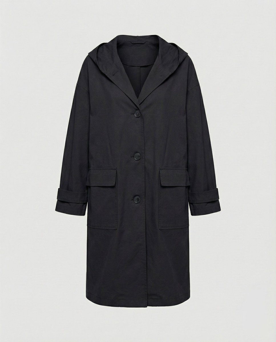Women's Olivia waterproof hooded trench coat by Christine Brewer, shown in a long, stylish, rainproof design with a hood.
