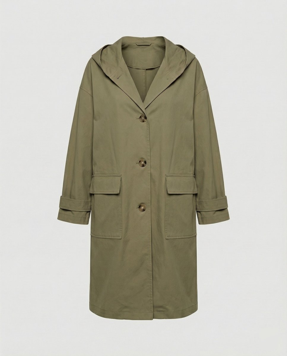Olivia women's long waterproof hooded trench coat by Christine Brewer, shown in a stylish rain-ready design with a hood.