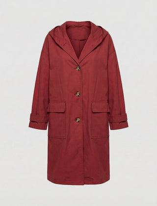 Olivia women's long waterproof hooded trench coat by Christine Brewer, shown in dark color with adjustable waist and rainproof fabric.
