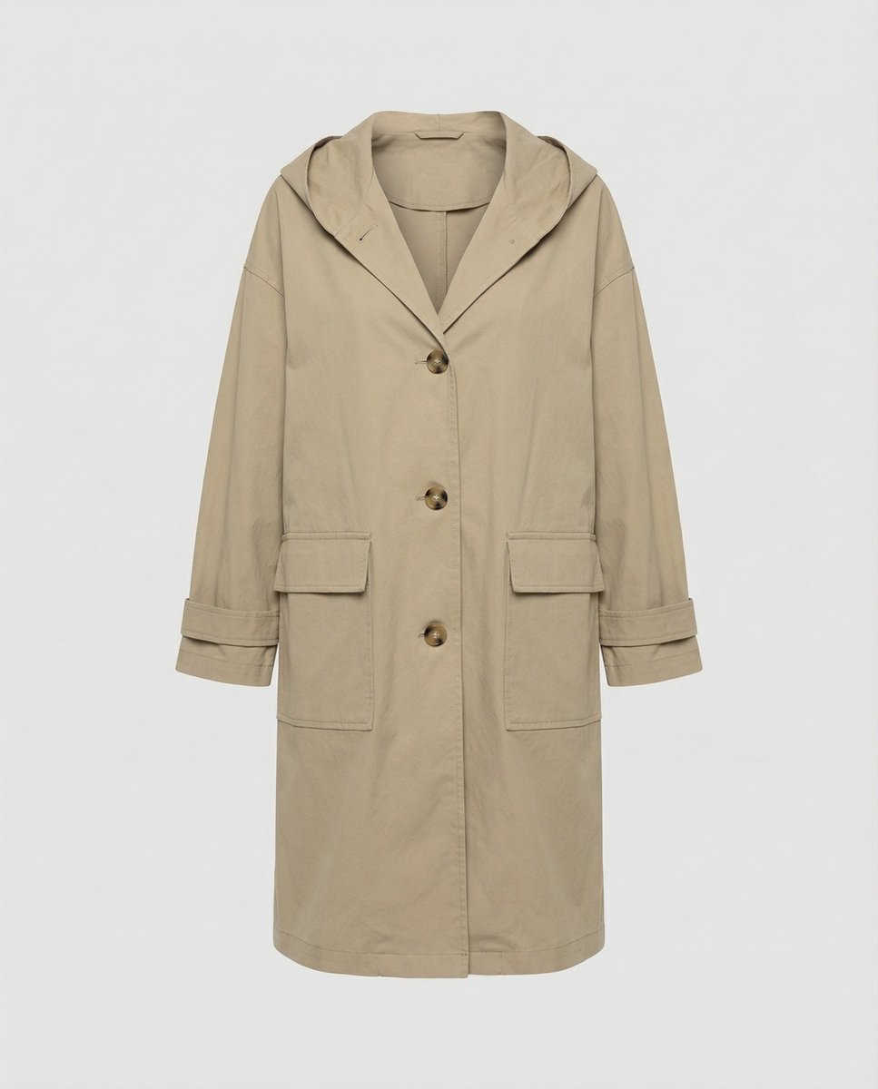 Olivia women's long waterproof hooded trench coat by Christine Brewer, shown with a belt and hood in a stylish rain-resistant design.