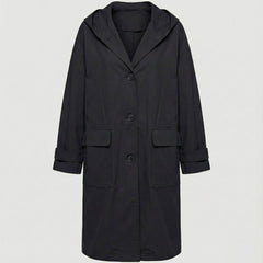 Women’s long waterproof windproof hooded trench coat by Christine Brewer, shown in a stylish beige color.