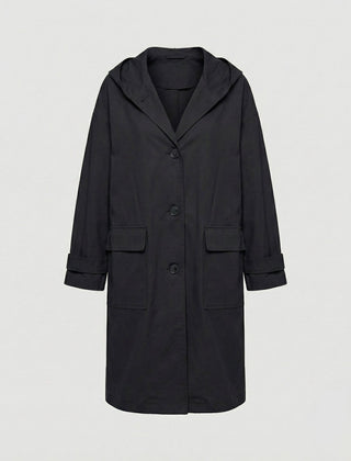 Women’s long waterproof windproof hooded trench coat by Christine Brewer, shown in a stylish beige color.