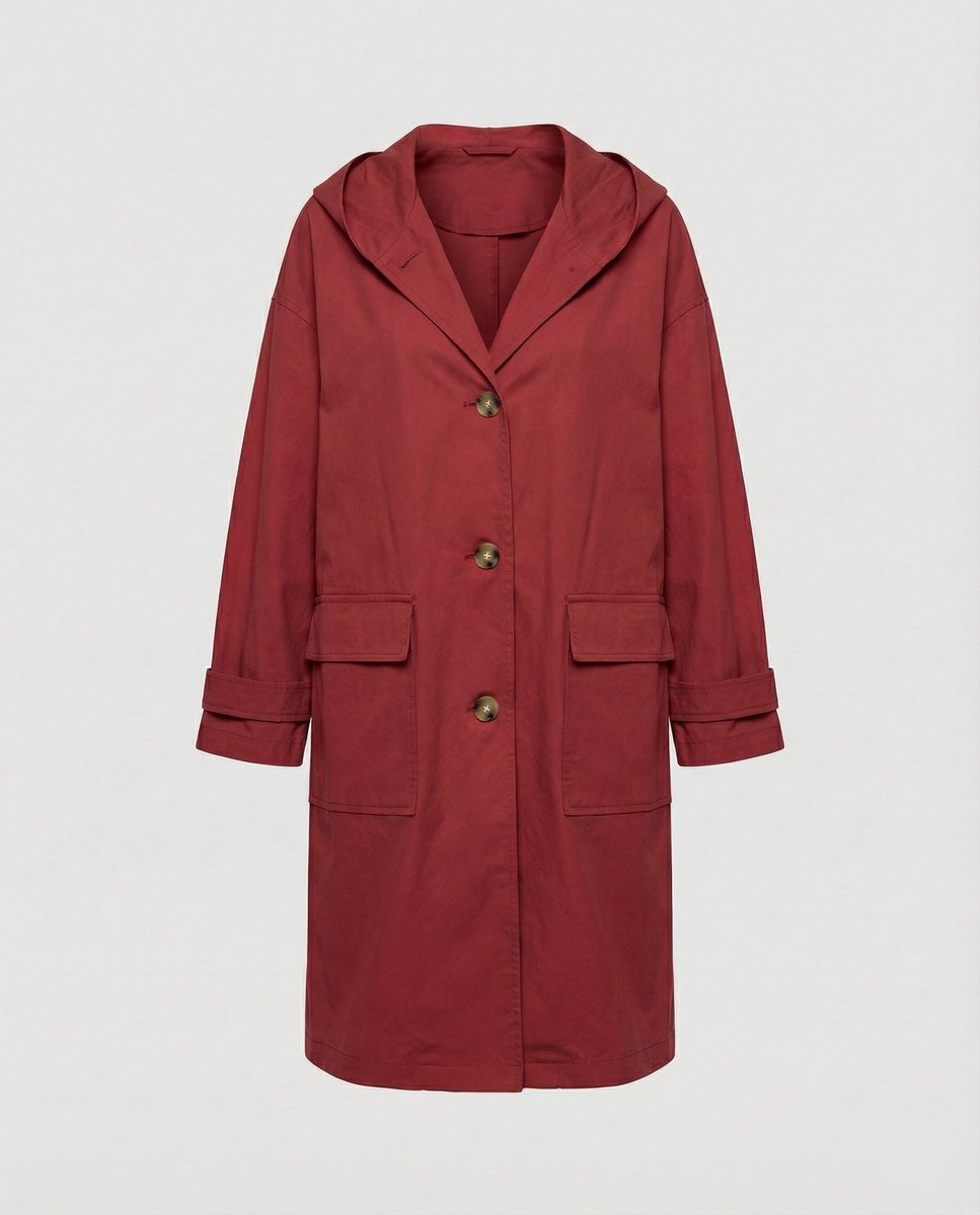 Rosie women's long waterproof windproof hooded trench coat by Christine Brewer, shown in a stylish rain-ready design.