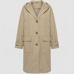 Women's long waterproof and windproof hooded trench coat by Christine Brewer, shown in a stylish, weather-resistant design.
