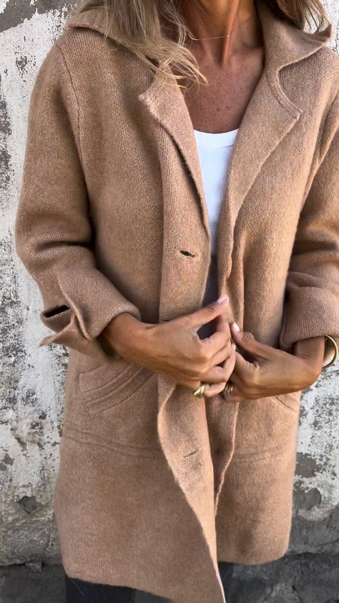 Women's Isla longline button-up coat with lapel collar and oversized fit, stylish and warm Christine Brewer outerwear.