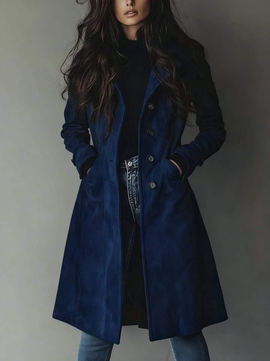Women's longline double-breasted tailored trench coat by Christine Brewer, shown on a model, featuring classic style and structured fit.