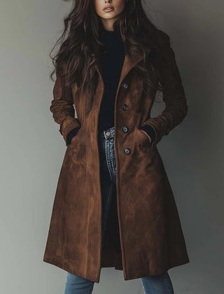 Women's longline double-breasted tailored trench coat by Christine Brewer, featuring classic design and sophisticated style.