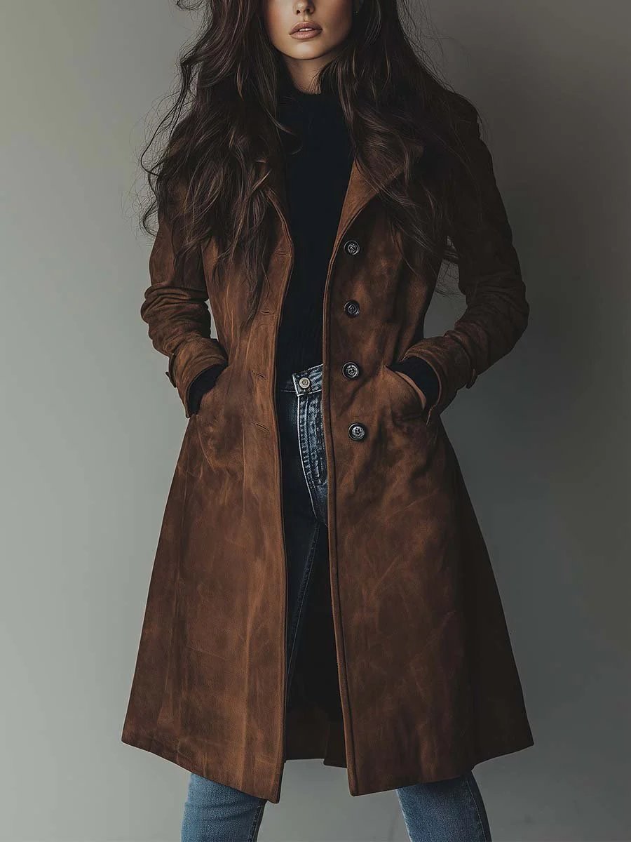 Women's longline double-breasted tailored trench coat by Christine Brewer, featuring classic design and sophisticated style.
