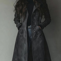 Women’s longline double-breasted tailored trench coat by Christine Brewer, shown in a stylish, fitted design with classic lapels.