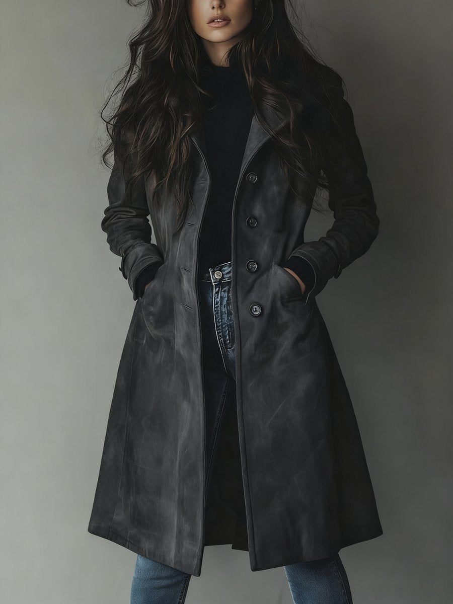 Women’s longline double-breasted tailored trench coat by Christine Brewer, shown in a stylish, fitted design with classic lapels.