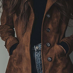 Christine Brewer women's longline double-breasted tailored trench coat displayed on a model, stylish and sophisticated outerwear.