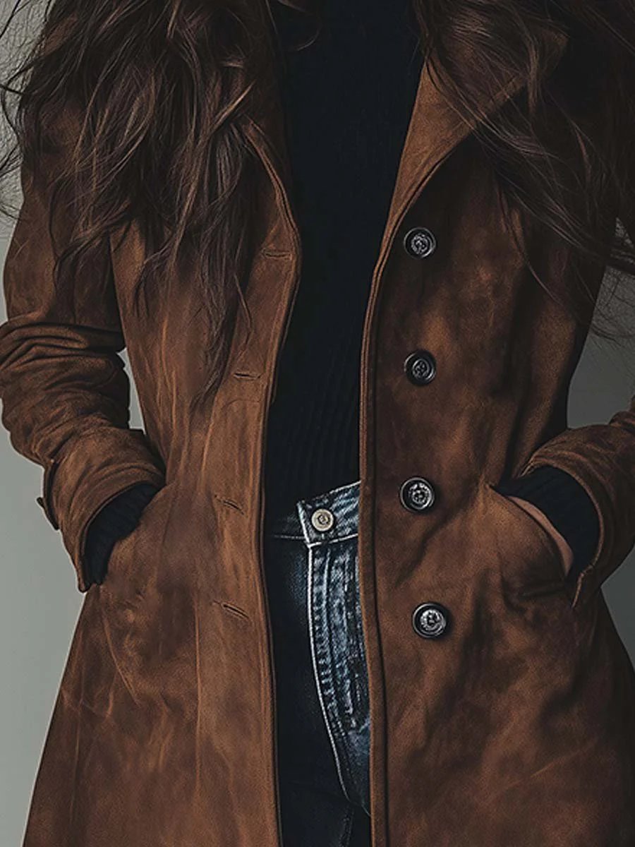Christine Brewer women's longline double-breasted tailored trench coat displayed on a model, stylish and sophisticated outerwear.
