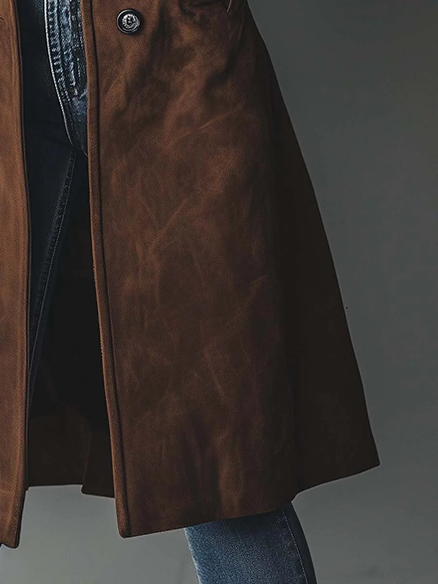 Women’s longline double-breasted tailored trench coat by Christine Brewer, shown in a stylish, fitted design.