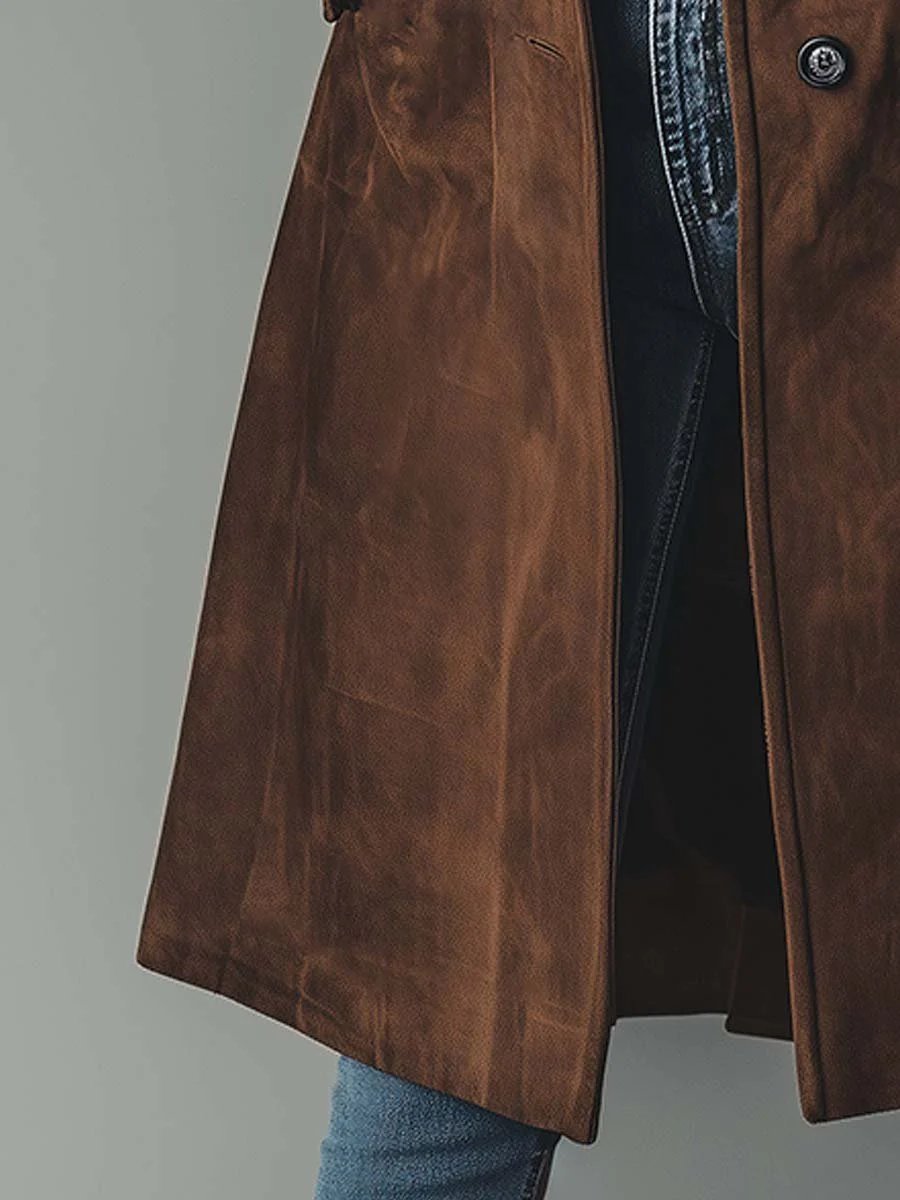 Christine Brewer women's longline double-breasted tailored trench coat hanging on a rack in neutral tones.