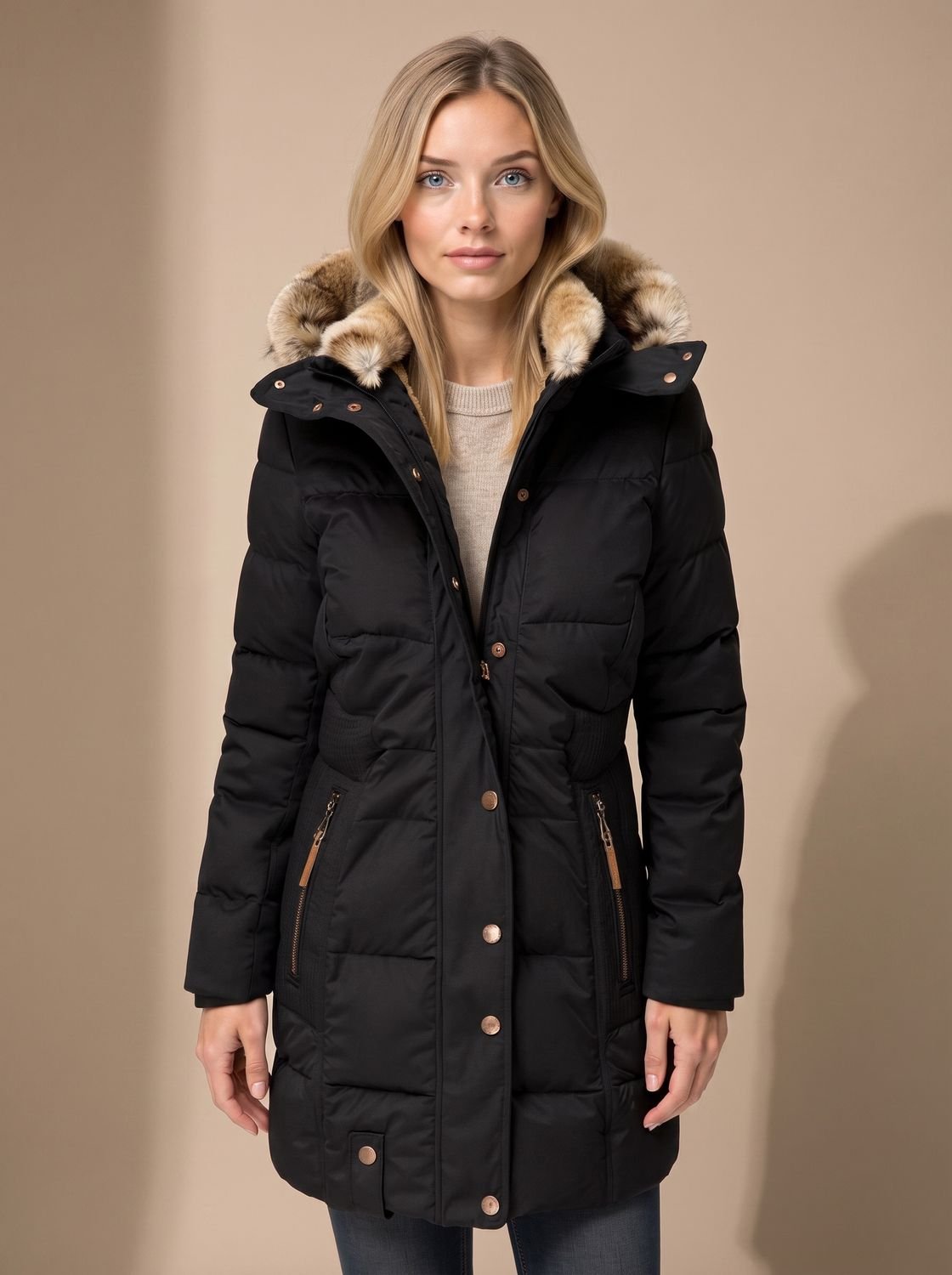 Layla | Puffer Coat Puffer Jacket Quilted Winter Warm Faux Fur Hooded Longline Zip Up
