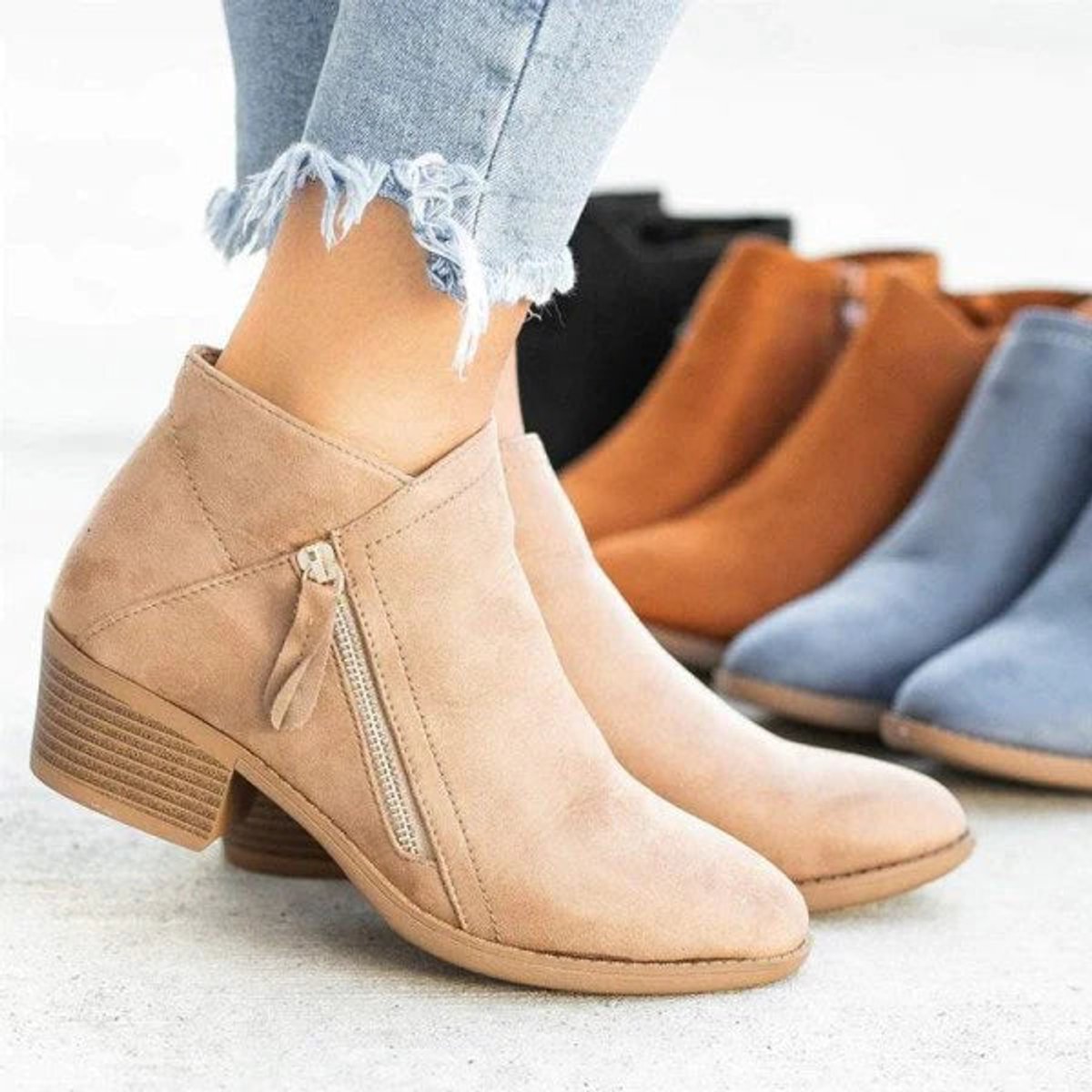 Tamsin | Ankle Boots, Women, Block Heel, Side Zip, Suede, Round Toe, Low Heel, Fall,