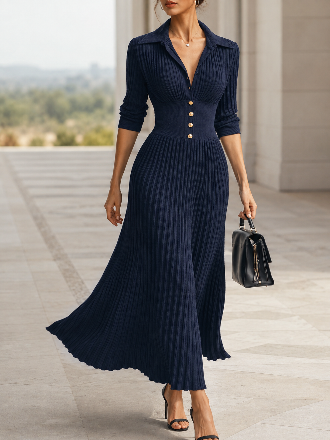Birgitta | Navy Ribbed V-Neck Sweater Dress for Women