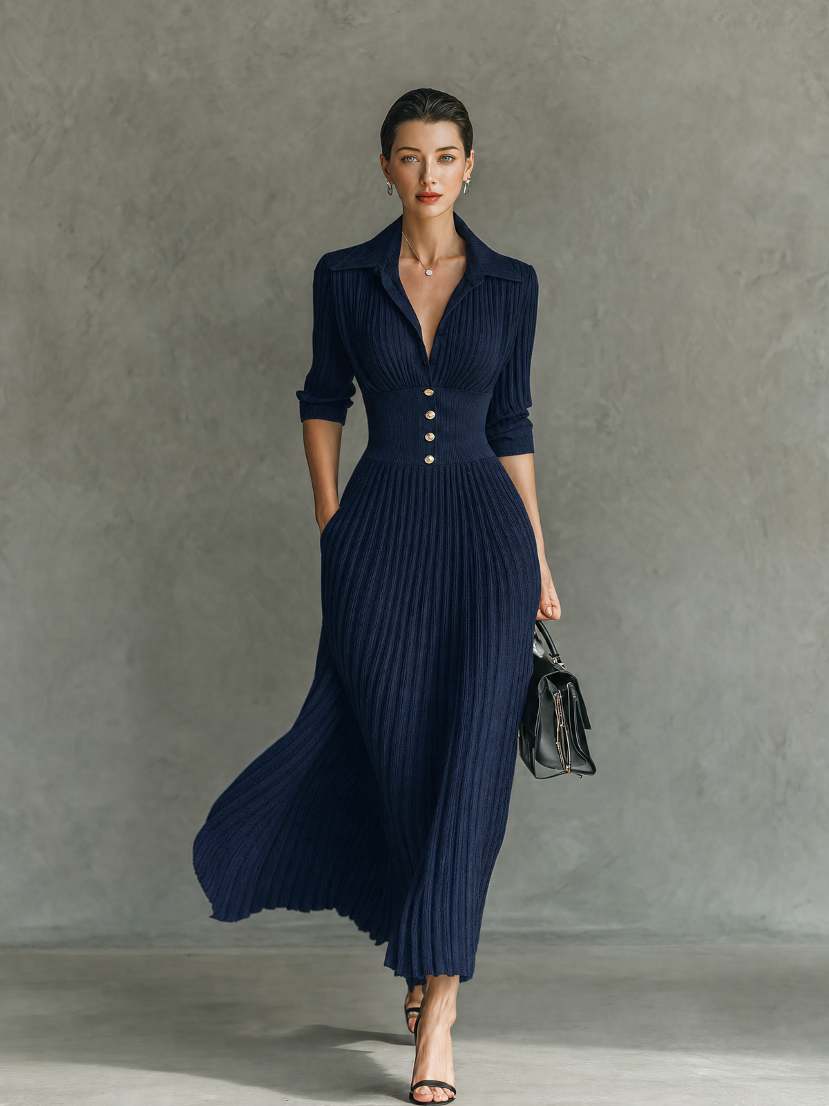 Birgitta | Navy Ribbed V-Neck Sweater Dress for Women