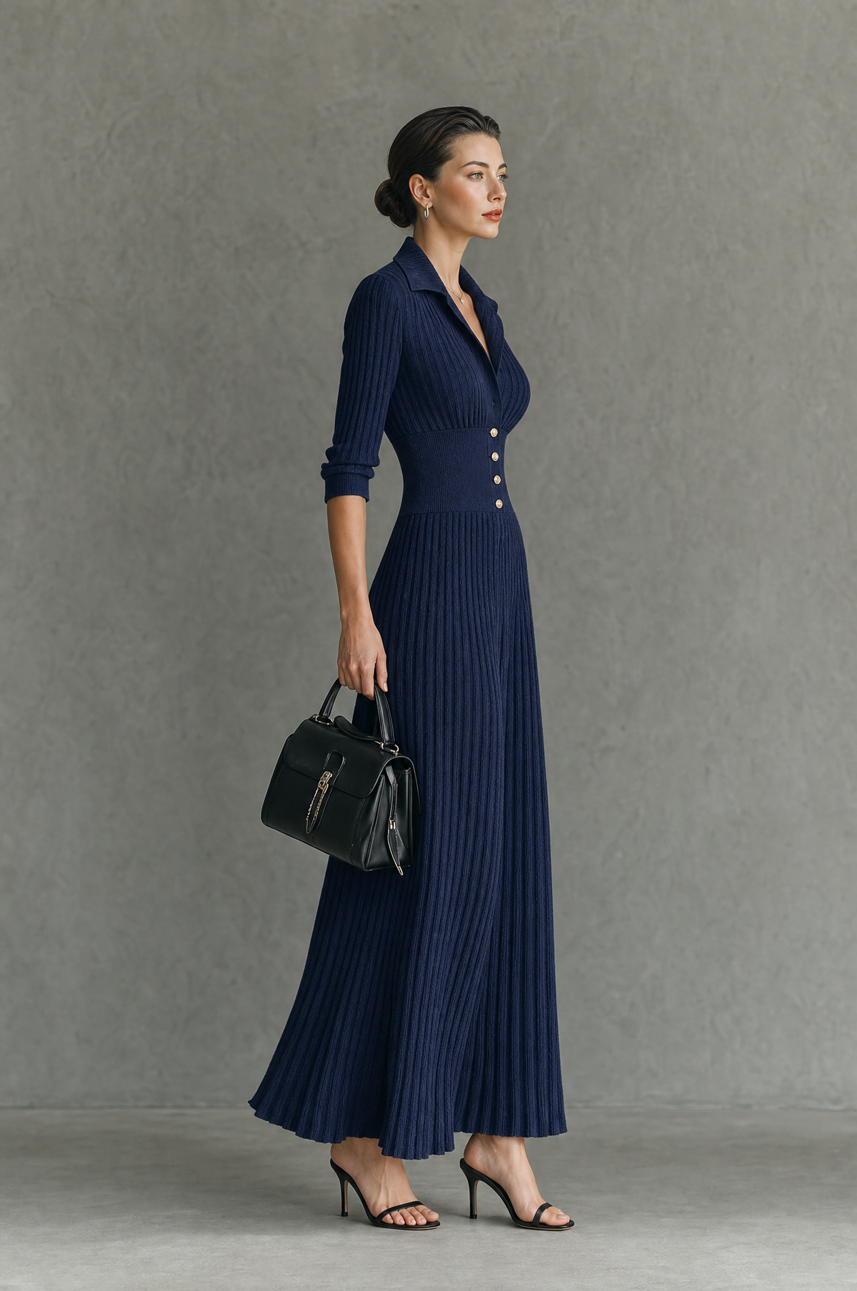 Birgitta | Navy Ribbed V-Neck Sweater Dress for Women
