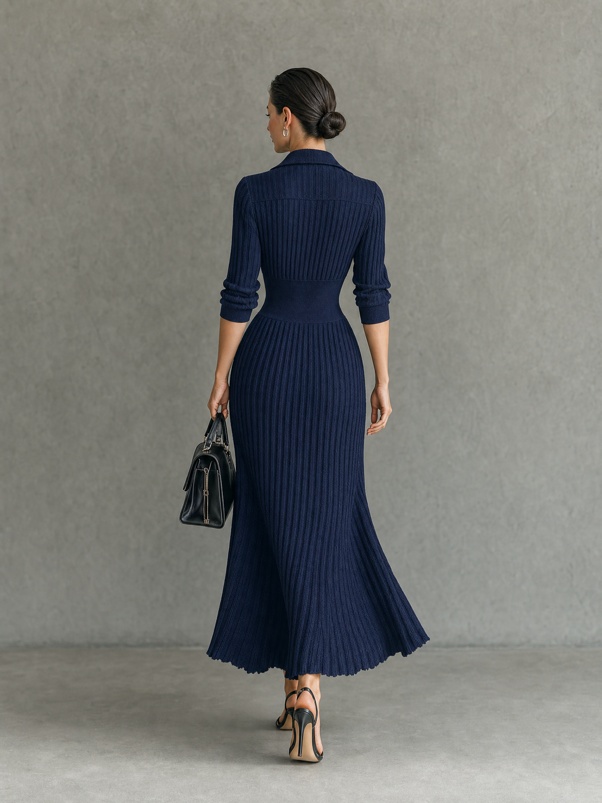 Birgitta | Navy Ribbed V-Neck Sweater Dress for Women