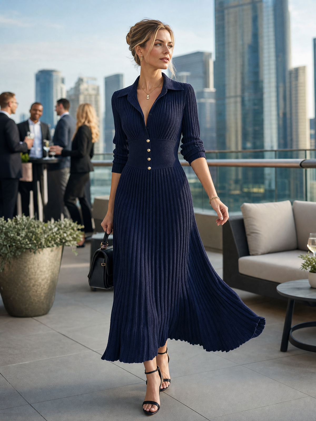 Birgitta | Navy Ribbed V-Neck Sweater Dress for Women