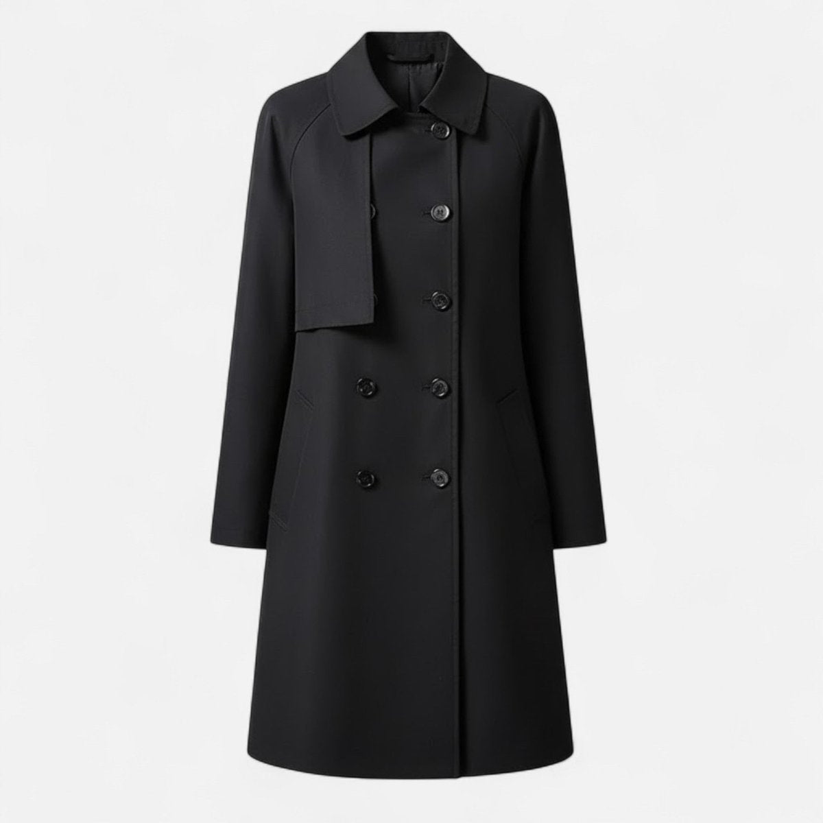 Emily women's mid-length wool-blend double-breasted trench coat in classic beige, stylish and warm for fall and winter.