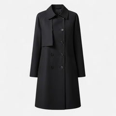 Women’s mid-length wool-blend double-breasted trench coat by Christine Brewer, shown in classic beige with collar and belt details.