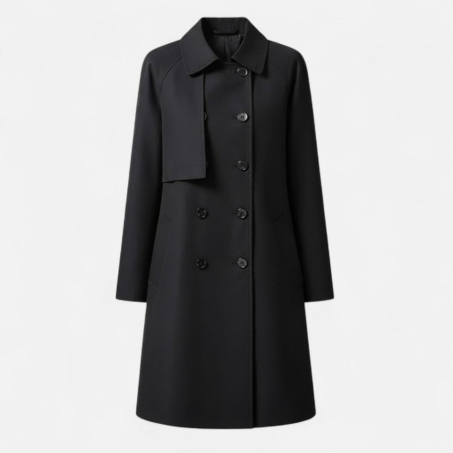 Women’s mid-length wool-blend double-breasted trench coat by Christine Brewer, shown in classic beige with collar and belt details.