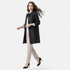 Women's mid-length wool-blend double-breasted trench coat by Christine Brewer, shown in a stylish, tailored design.