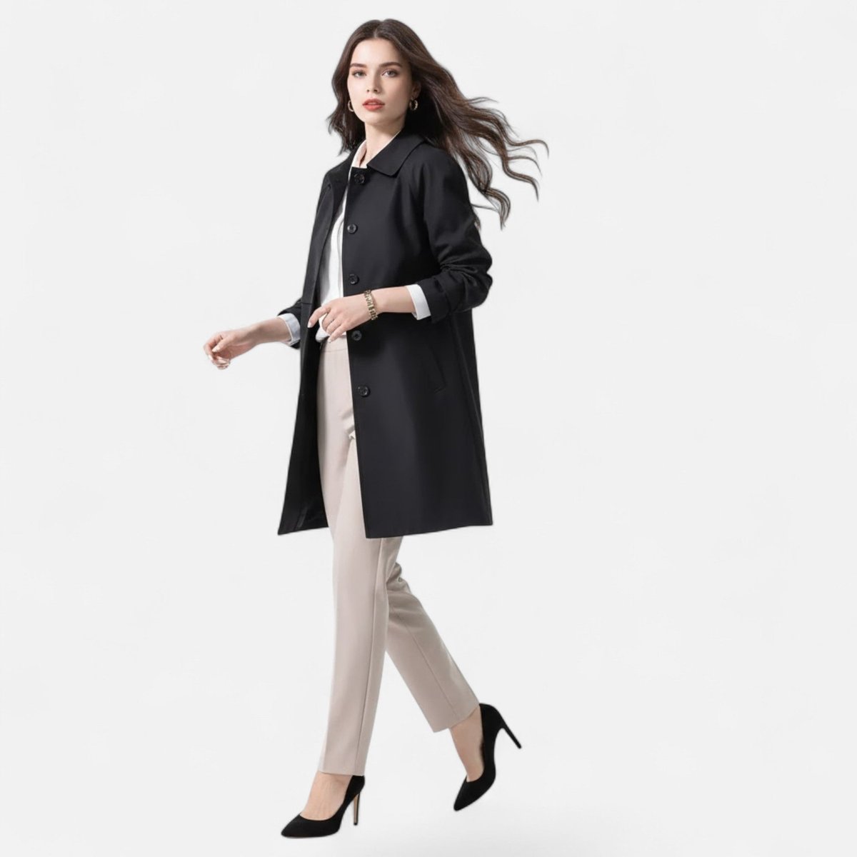 Women's mid-length wool-blend double-breasted trench coat by Christine Brewer, shown in a stylish, tailored design.