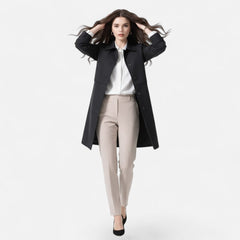 Emily women's mid-length wool-blend double-breasted trench coat in classic beige, shown on a model with a belt and collar detail.