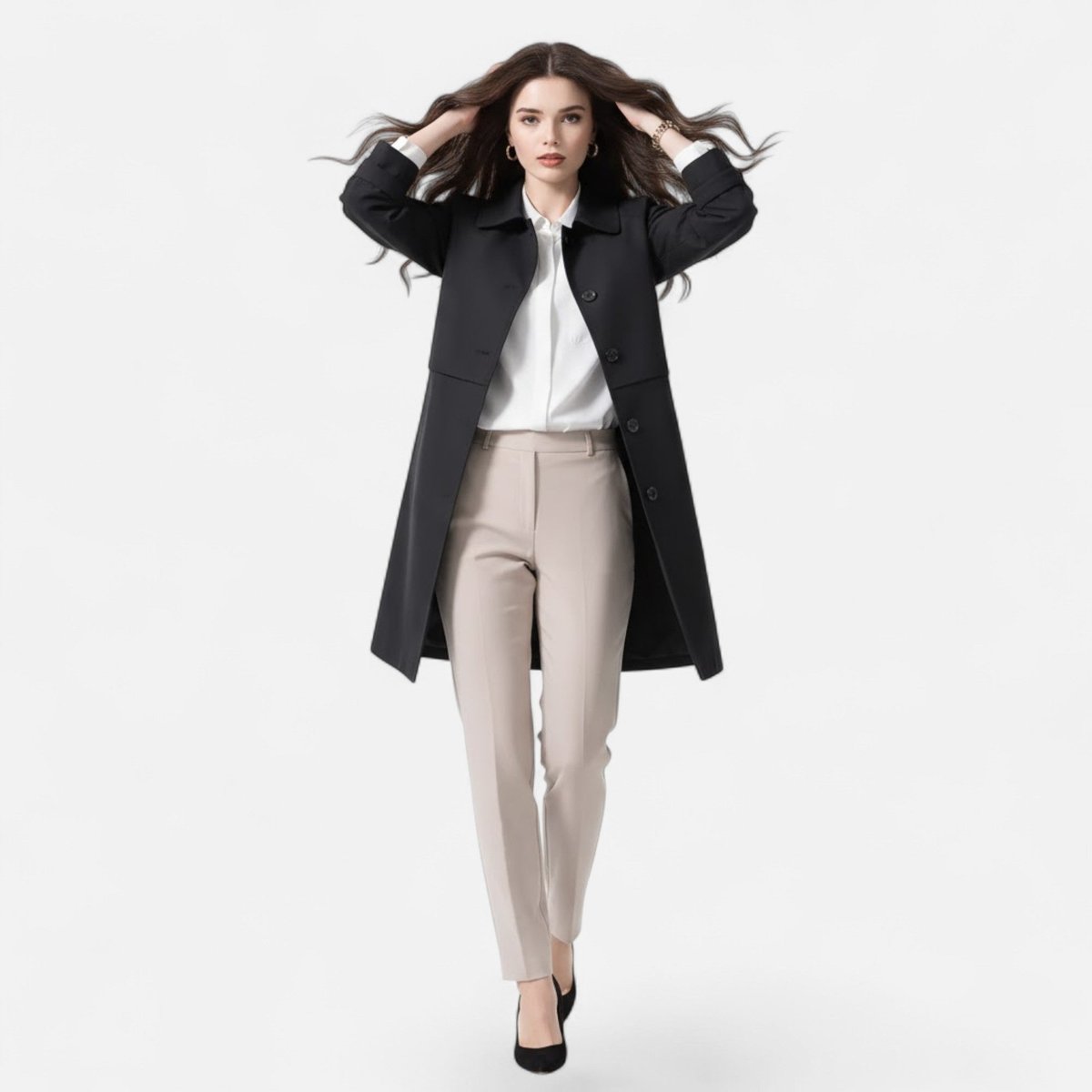 Mia women's mid-length wool-blend double-breasted trench coat by Christine Brewer, featuring classic design and stylish fit.