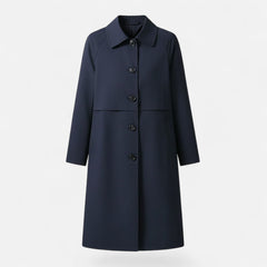 Mia women's mid-length wool-blend double-breasted trench coat in neutral color, styled on a woman outdoors.
