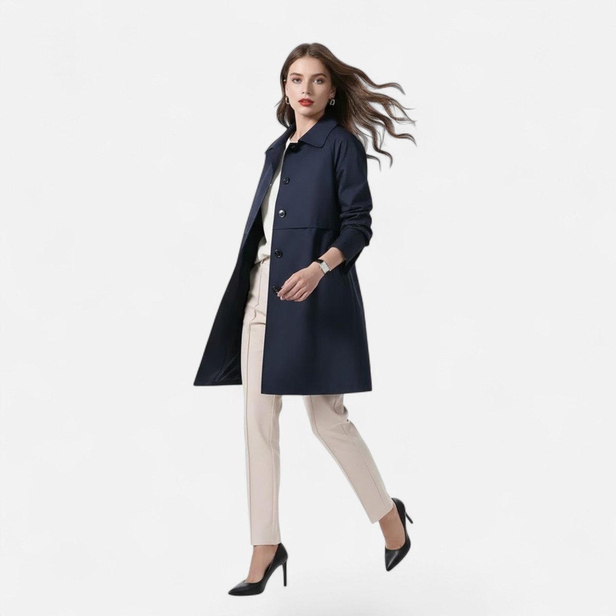 Women’s mid-length wool-blend double-breasted trench coat by Christine Brewer, shown in a stylish, tailored fit.