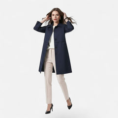 Women’s mid-length wool-blend double-breasted trench coat by Christine Brewer, shown in a neutral color, stylish and tailored fit.