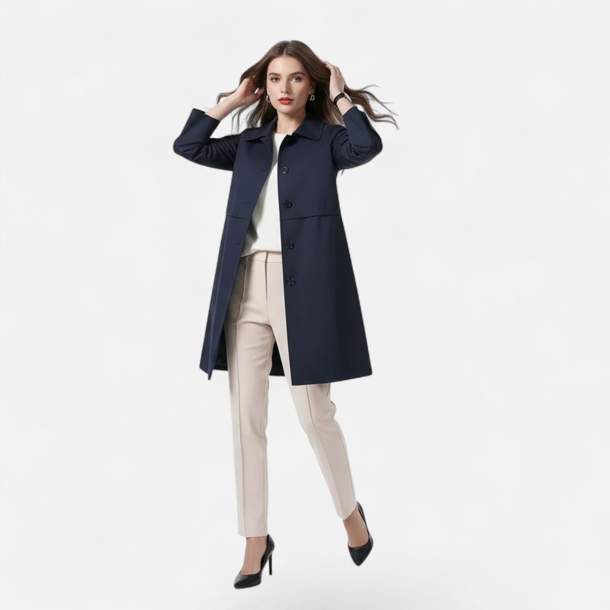 Women’s mid-length wool-blend double-breasted trench coat by Christine Brewer, shown in a neutral color, stylish and tailored fit.