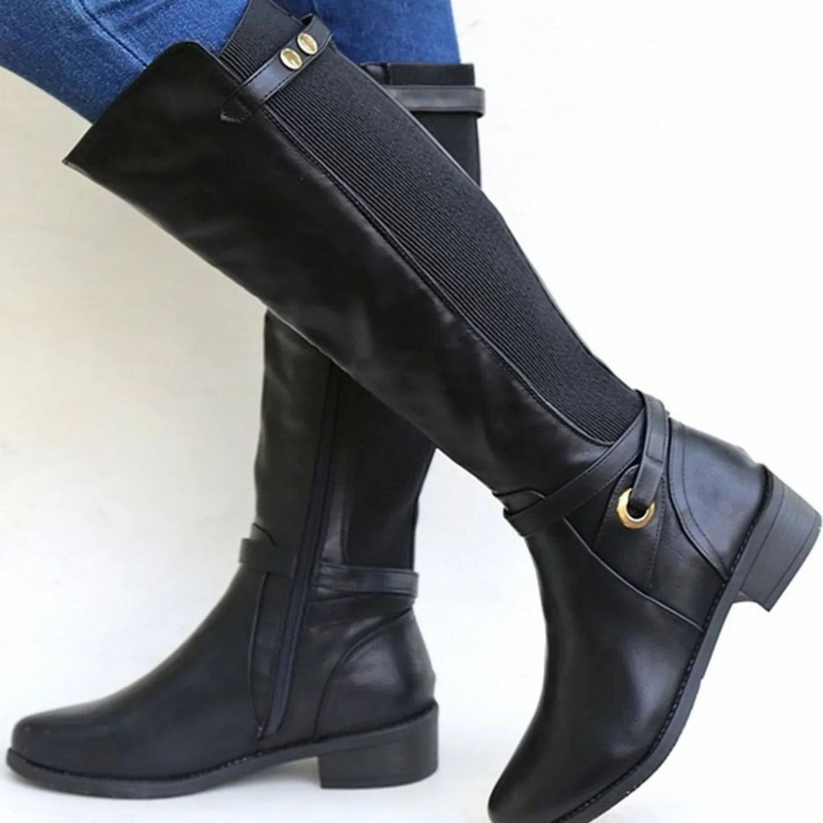 Harriet | Knee High Boots, Riding Boots, Women, Leather, Block Heel, Equestrian, Elastic Panel, Gold