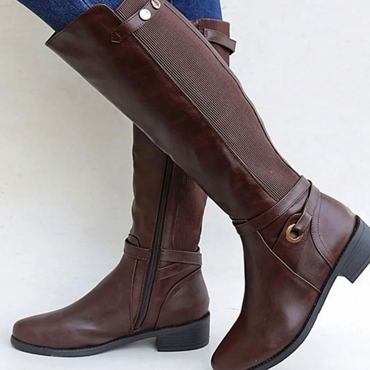 Harriet | Knee High Boots, Riding Boots, Women, Leather, Block Heel, Equestrian, Elastic Panel, Gold