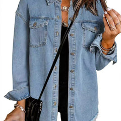 Olivia women's oversized black denim jacket with longline fit and frayed hem, featuring a casual, trendy style by Christine Brewer