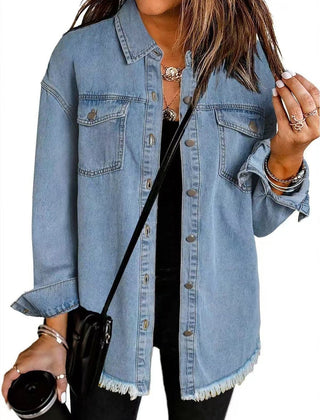 Olivia women's oversized black denim jacket with longline fit and frayed hem, featuring a casual, trendy style by Christine Brewer