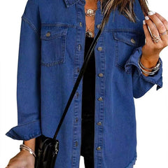 Women's oversized black denim jacket with longline fit and frayed hem, by Christine Brewer, shown on a model.