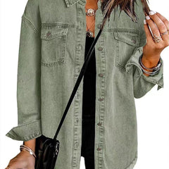 Olivia women's oversized black denim jacket with longline fit and frayed hem, styled with casual urban fashion.